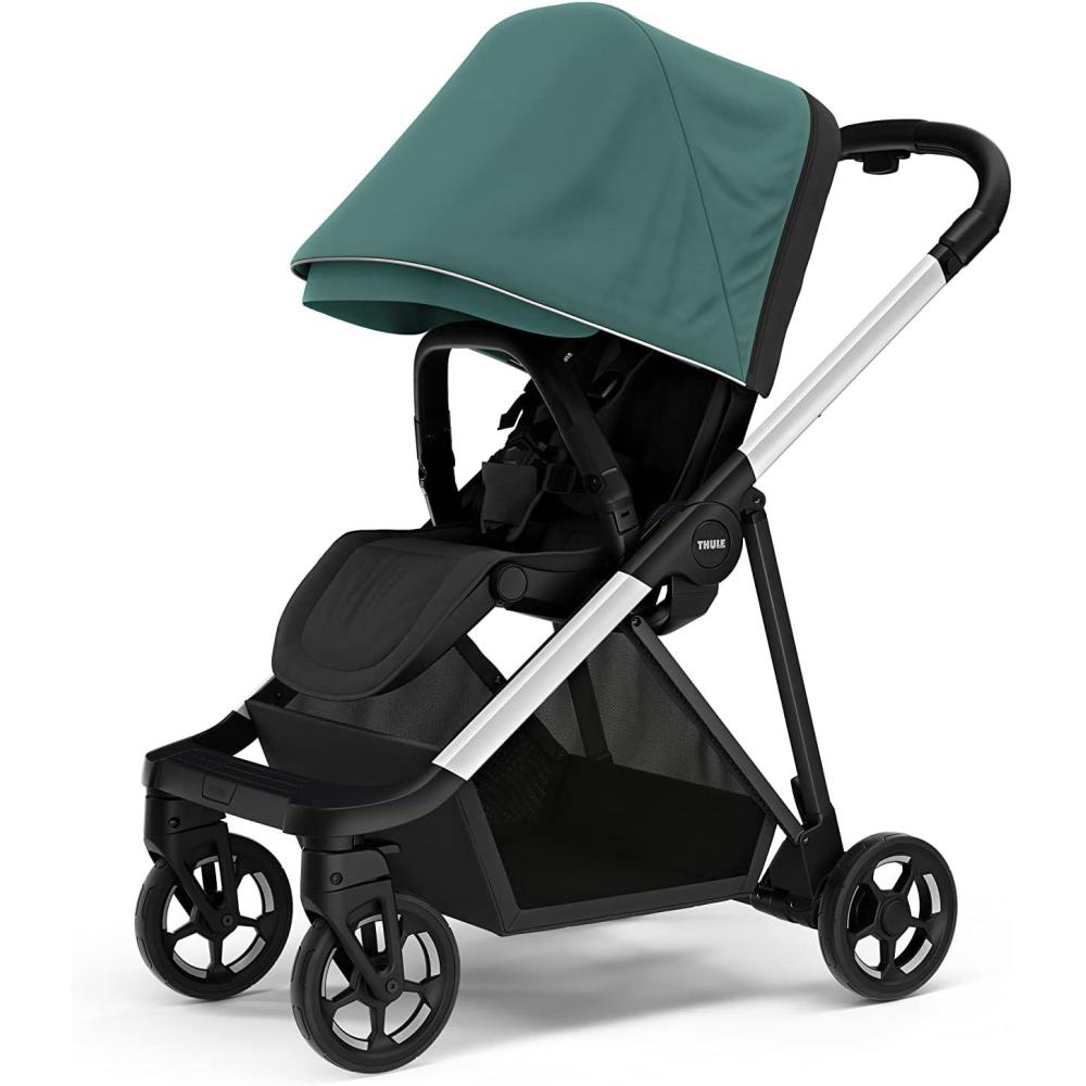 imageThule Shine baby stroller Fullsize stroller features Compact and lightweight design Reversible seat Spacious storage basket Adjustable leg rest Easy onehand foldAluminumMallard Green