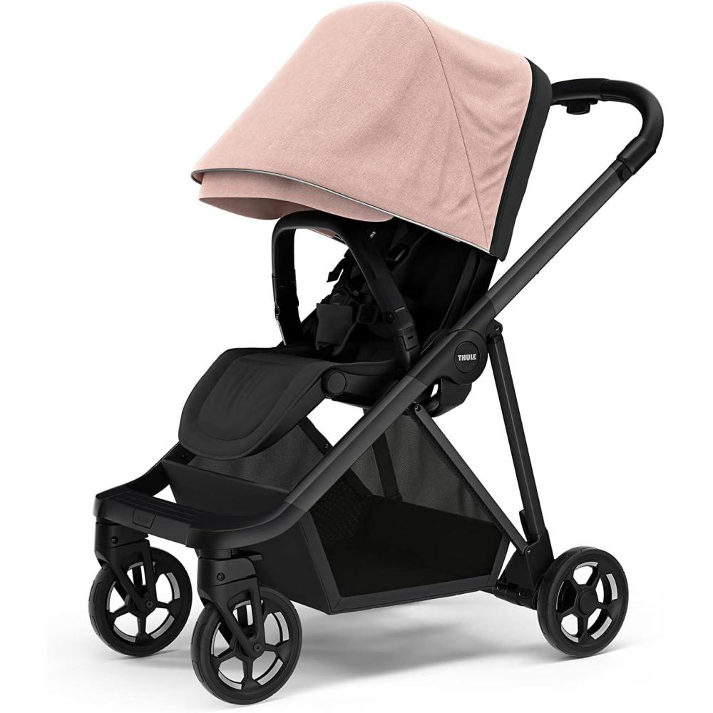 imageThule Shine baby stroller Fullsize stroller features Compact and lightweight design Reversible seat Spacious storage basket Adjustable leg rest Easy onehand foldBlackMisty Rose